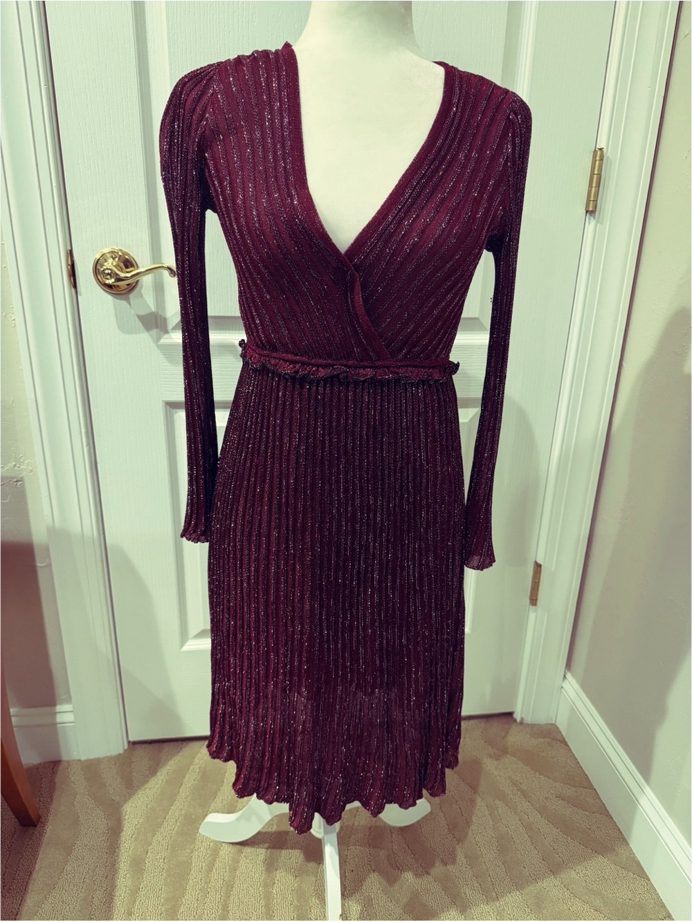 NWOT Vintage Missoni Metallic Burgundy Ribbed V-Neck Dress